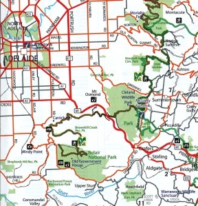 Map showing Mount Lofty Summit, Belair NP & other CPs. (Adelaide & Environs free map)